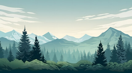 Obraz premium digital green and blue forested landscape with mountains graphics poster background
