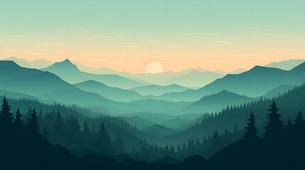 Obraz premium digital green and blue forested landscape with mountains graphics poster background
