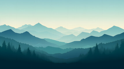 Obraz premium digital green and blue forested landscape with mountains graphics poster background
