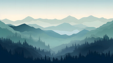 Obraz premium digital green and blue forested landscape with mountains graphics poster background