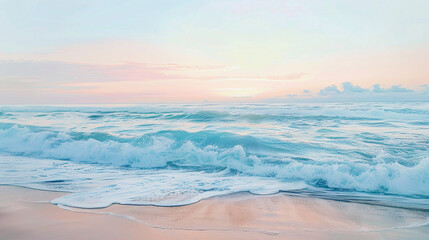 A serene ocean scene with soft pastel blue waves gently lapping against the shore under a cloudless sky, tinged with hints of pink and orange as the sun sets in the distance.