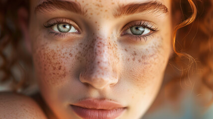 Close-Up Portrait of a Freckled Woman. An artistic close-up portrait of a young woman with striking blue eyes and a face full of freckles.