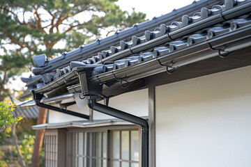 Fototapeta premium Closeup of the corner with a gray tiled roof and white wall, showing a black pipe for a rainwater collection system on the side of a house in the style of Japan.