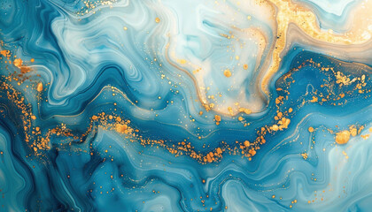 The image displays a detailed view of a marble surface featuring shades of blue and gold