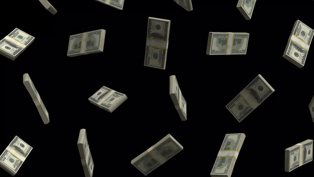 3D animation of a bundle of hundred-dollar stack falling in a loop on black background 3d render 4k footage