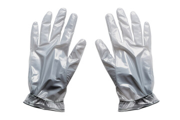 Obraz premium Metallic silver gloves, reflective protective handwear pair. Shiny crinkled foil texture gloves for costume, fashion, sci-fi styling isolated on Transparent Background