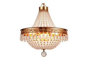 Glistening Elegance: A Majestic Chandelier of Gold and Crystals on White or PNG Transparent Background.