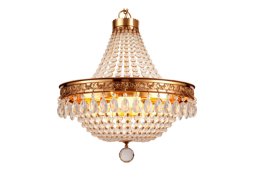 Glistening Elegance: A Majestic Chandelier of Gold and Crystals on White or PNG Transparent Background.