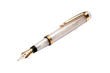 Naklejka premium Luxury fountain pen with gold nib, silver metal writing instrument. Elegant calligraphy pen for signature and stationery isolated on Transparent Background