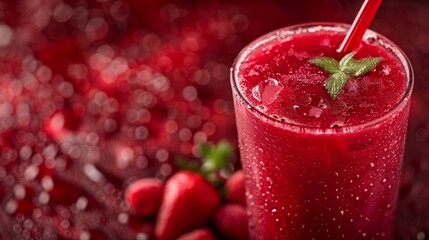  A tight shot of a drink in a glass, equipped with a straw and adorned by a verdant leaf atop Surrounding the glass are strawberries and gleaming water dro
