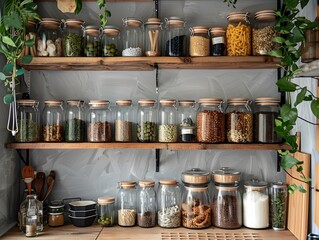 Eco Friendly Zero Waste Kitchen with Reusable Containers and Bulk Food Ingredients on Rustic Wooden Shelves