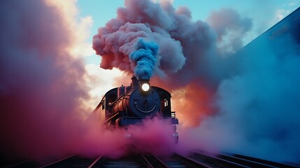 Colored Smoke Flowing Out of an Old-Fashioned Train's Chimney