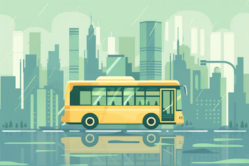 A Bus Illustration Against the Background of Urban Tall Buildings - Green Travel Concept