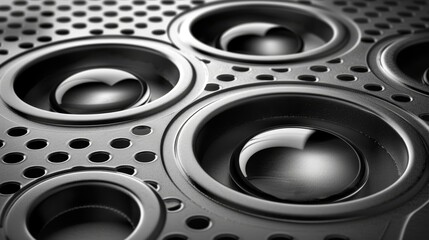  A tight shot of a speaker with central holes against a black backdrop White specks adorn the top and lower hemisphere