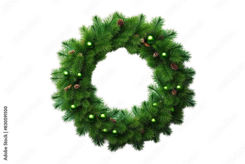 Wall mural enchanted green christmas wreath with ornaments on white or png transparent background.