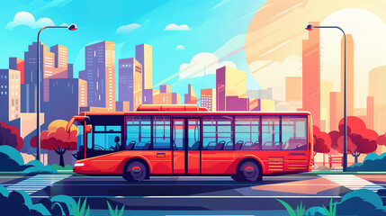 A Bus Illustration Against the Background of Urban Tall Buildings - Green Travel Concept