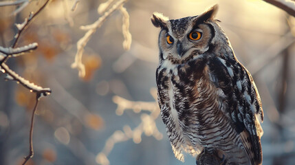 Enigmatic Owl Portrait An enigmatic portrait of an owl perched on a branch its wise and mysterious expression hinting at ancient secrets and hidden wisdom.