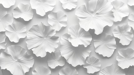  A white wall displays an array of blossoms, with a centered black-and-white photograph of similar flowers The flowers' shapes are intricately depicted