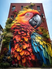 Colorful mural of a parrot on a building