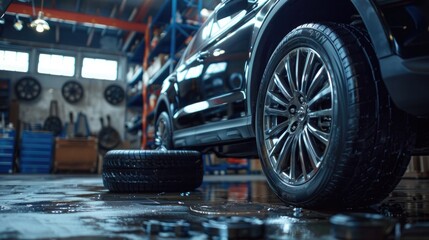 Fototapeta premium Close-up of a car engine in an industrial setting with detailed wheels and tires