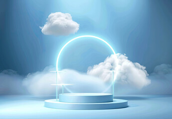3D rendering of white cloud within a circular shape illuminated with neon light on a blue background. Created with Ai