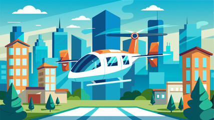The air taxis in this modern neighborhood are equipped with stateoftheart technology allowing passengers to enjoy a smooth and comfortable ride while gazing at the stunning aerial. Vector illustration