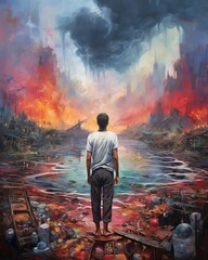 A solitary figure stands amidst a surreal, apocalyptic landscape, symbolizing human resilience in the face of destruction.