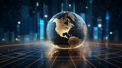 Digital illustration of a globe with golden grid overlay and glowing data streams