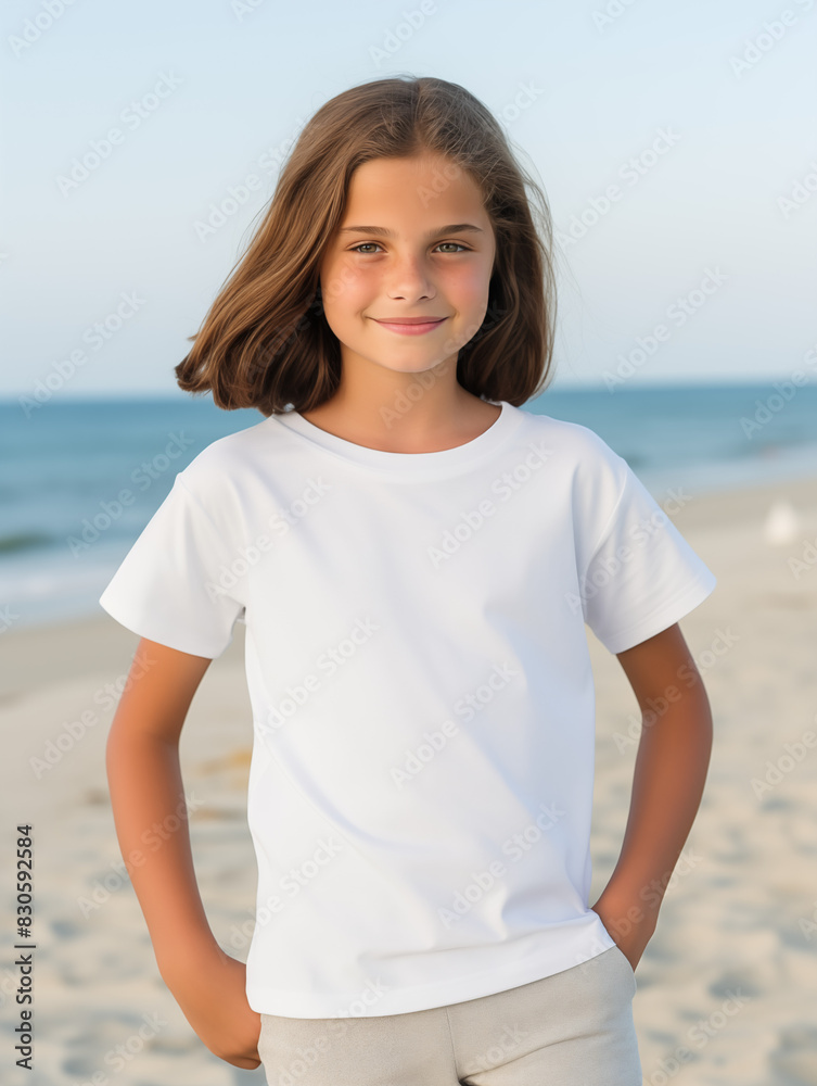 Poster Young girl child kid white tee t-shirt t shirt mockup mock-up, mock up at the beach