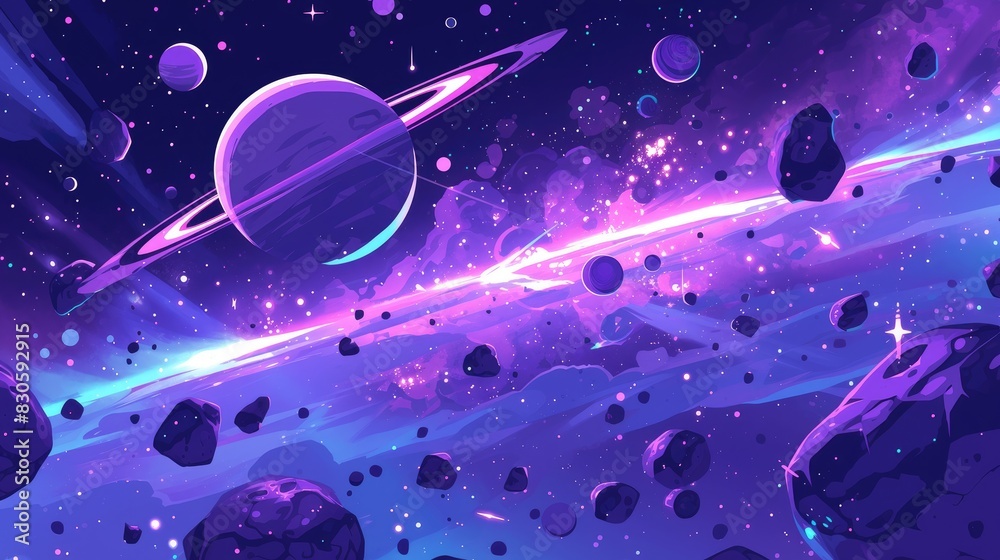 Wall mural Immerse yourself in a captivating space setting featuring a galaxy backdrop adorned with Saturn asteroids and a whimsical cartoon universe texture Behold a 2d illustration of a starry futuri