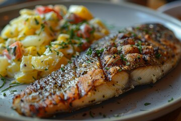 Brathering - Fried herring served with a side of potato salad. 