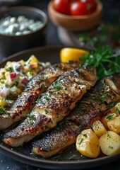 Brathering - Fried herring served with a side of potato salad. 