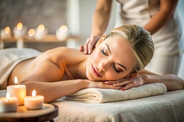 Obraz premium A banner for professional massage parlors. A young, beautiful blonde woman enjoys a massage in a modern spa by candlelight. Relaxation and harmony, body care.