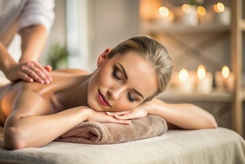 Obraz premium A banner for professional massage parlors. A young, beautiful blonde woman enjoys a massage in a modern spa by candlelight. Relaxation and harmony, body care.