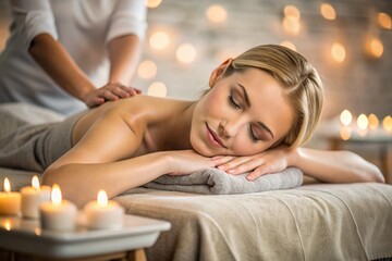 A banner for professional massage parlors. A young, beautiful blonde woman enjoys a massage in a modern spa by candlelight. Relaxation and harmony, body care.