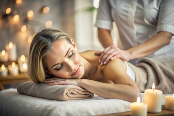 A banner for professional massage parlors. A young, beautiful blonde woman enjoys a massage in a modern spa by candlelight. Relaxation and harmony, body care.