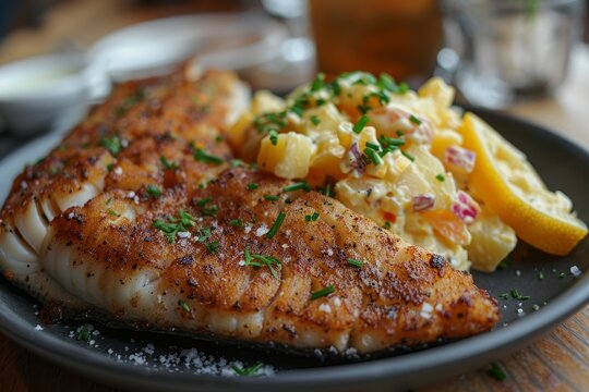 Brathering - Fried herring served with a side of potato salad. 