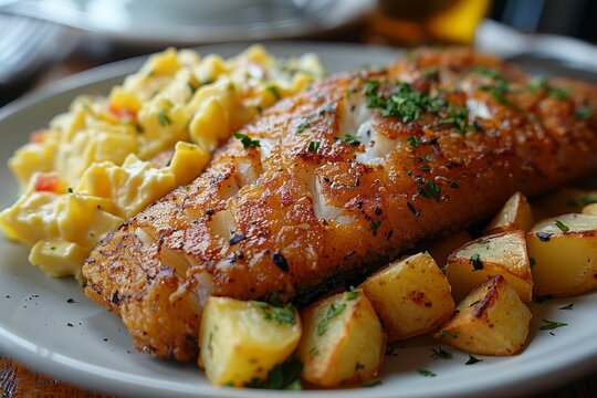 Brathering - Fried herring served with a side of potato salad. 