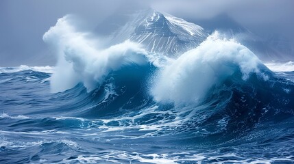 A glacier calving into the ocean, creating massive waves
