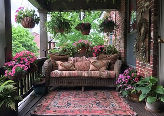 Wicker furniture and hanging plants create cozy porch.