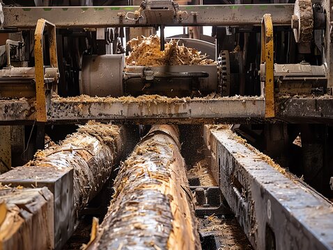 Forestry debarker removing bark from logs, capturing mechanical process
