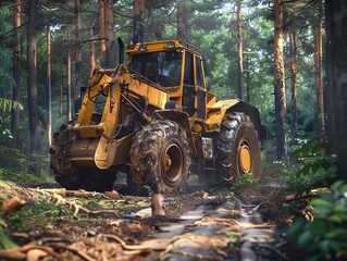 Forestry grapple skidder with logs, moving through a forest path, realistic textures