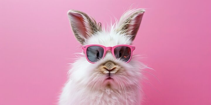 White rabbit wears pink sunglasses against hot pink background.