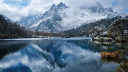 Fototapeta premium Tranquil lake next to a mountain covered in snow