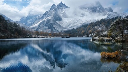 Tranquil lake next to a mountain covered in snow