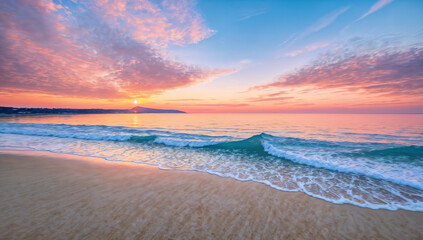 Sunset over peaceful beach with gentle waves and colorful sky