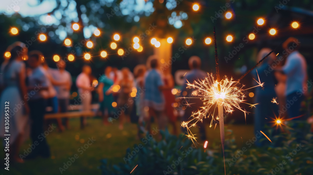 Wall mural a brightly lit sparkler in the foreground, casting a warm glow, with a festive backyard party in the