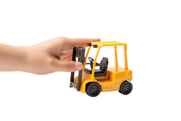Miniature Dreams: A Hand Controlling a Toy Forklift on White or PNG Transparent Background.