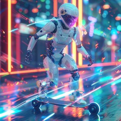 A futuristic robot skating on a hoverboard, leaving trails of neon light. 