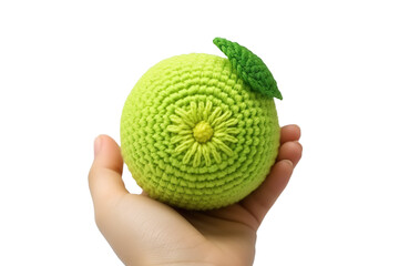 The Enchanted Orchard: A Hand Crafting a Green Crocheted Apple on White or PNG Transparent Background.